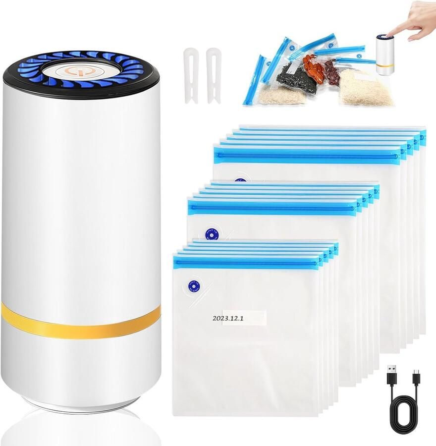 Mini-vacuümsealer klein vacuümsealer voor levensmiddelen met 15 herbruikbare vacuümzakken USB-handvacuümmachine oplaadbaar voor droge of vochtige levensmiddelen