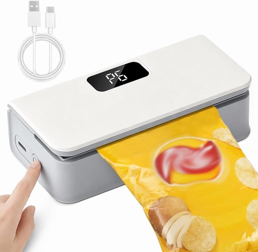 Mini vacuümsealer Koffiesealer Kleine verpakkingssealer Snacksealer Oplaadbare 2-in-1 mini vacuümsealer Verborgen snijder Draagbare snackvacuümsealer Compact Inclusief oplaadkabel 6 standen Wit 12 5*6 3*4 cm