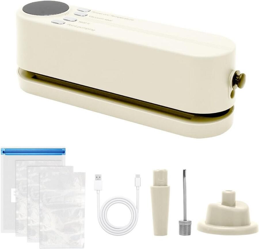 Mini vacuümverpakker 60 KPA oplaadbaar met 3 temperatuurniveaus 5 zakken beige