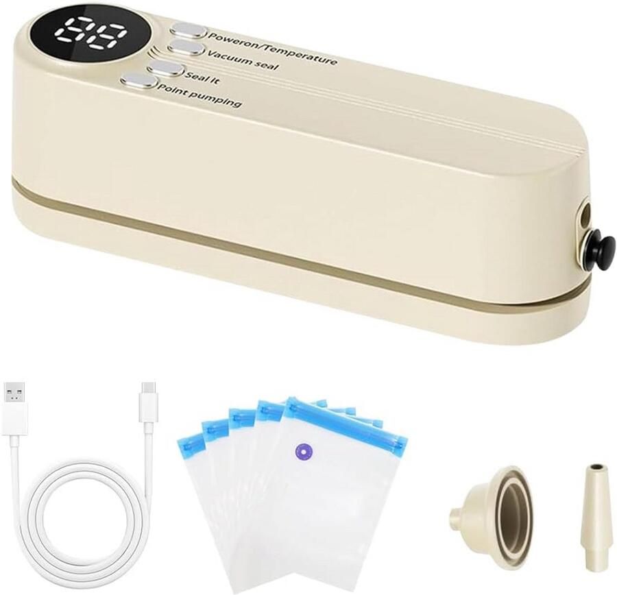 Mini vacuümverpakkingsmachine draagbaar – 3 temperatuurstanden 60 KPA zuigkracht incl. zakjes en adapters voor voedsel sportballen en luchtbedden