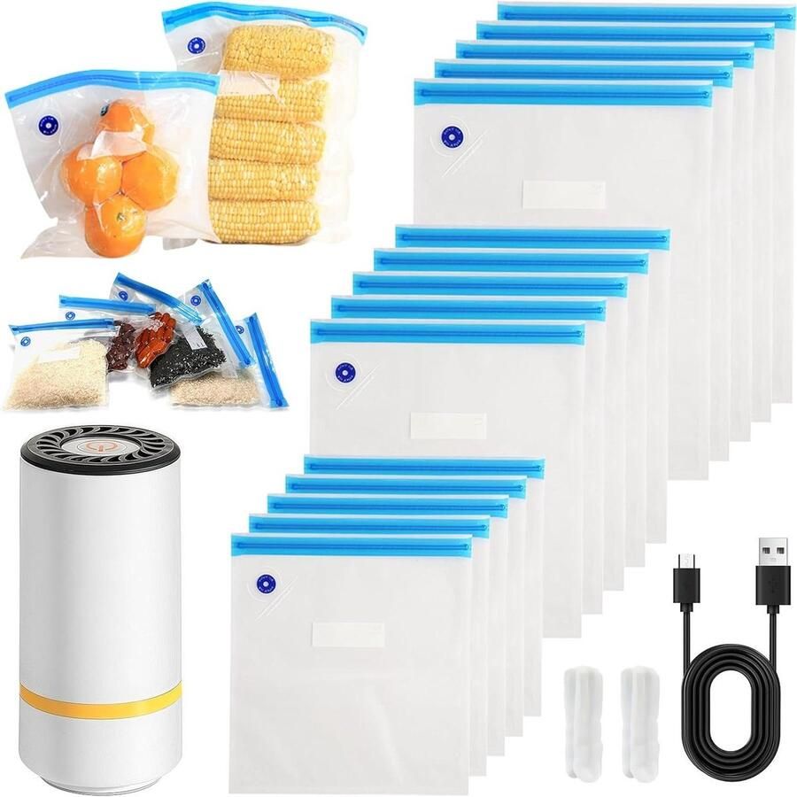Mini Voedsel Vacuümmachine Vacuüm Sealer Handapparaat Voedsel Vers Houden One-Button Bediening Met 15 Zakken Wit