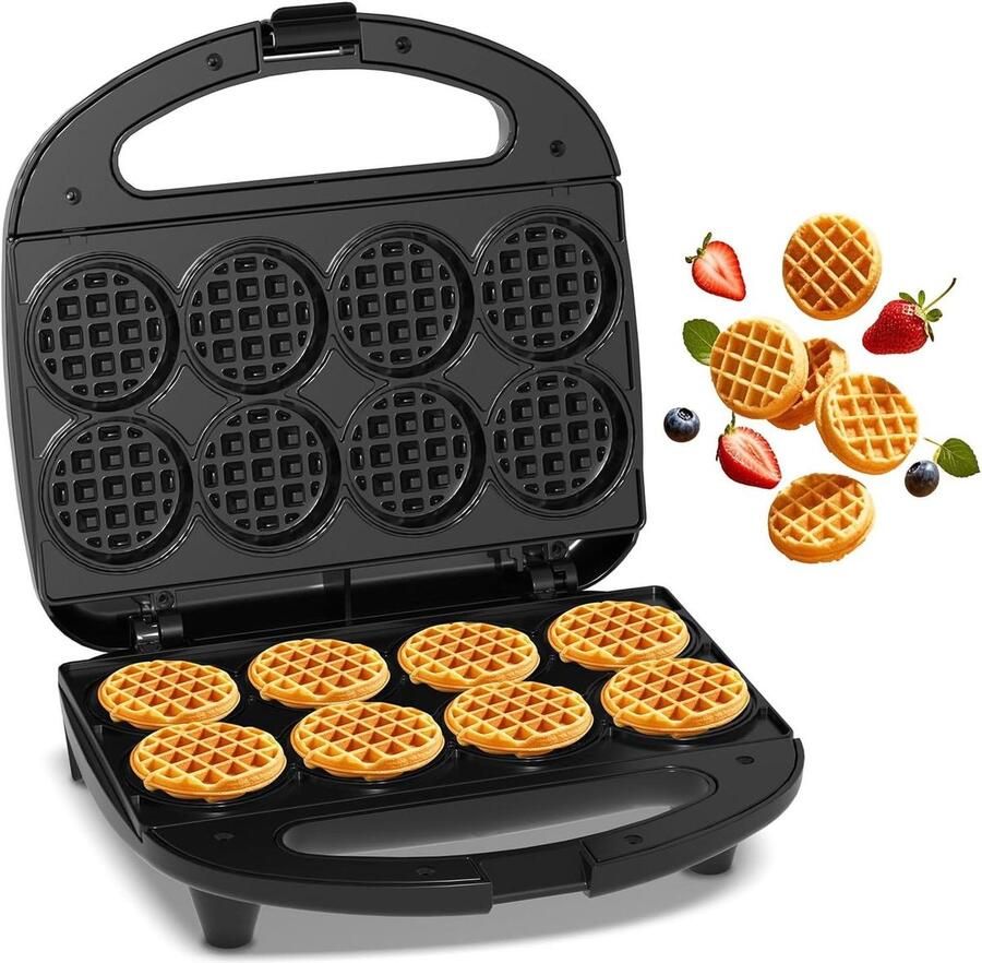 Mini Wafelijzer Apparaat voor Wafels Ontbijt Maken Antiaanbaklaag 8 Wafels Zwart