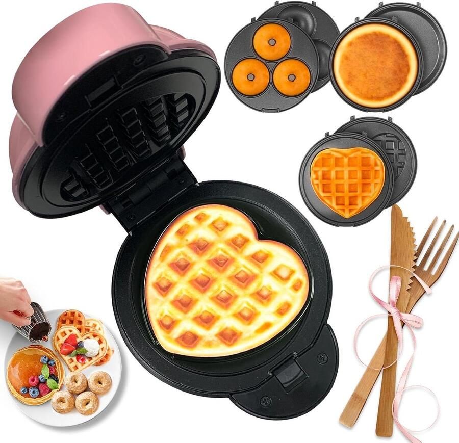 Mini wafelijzer Hartvormige maker Ontbijt maken 6 afneembare platen 10 cm kookplaten Roze