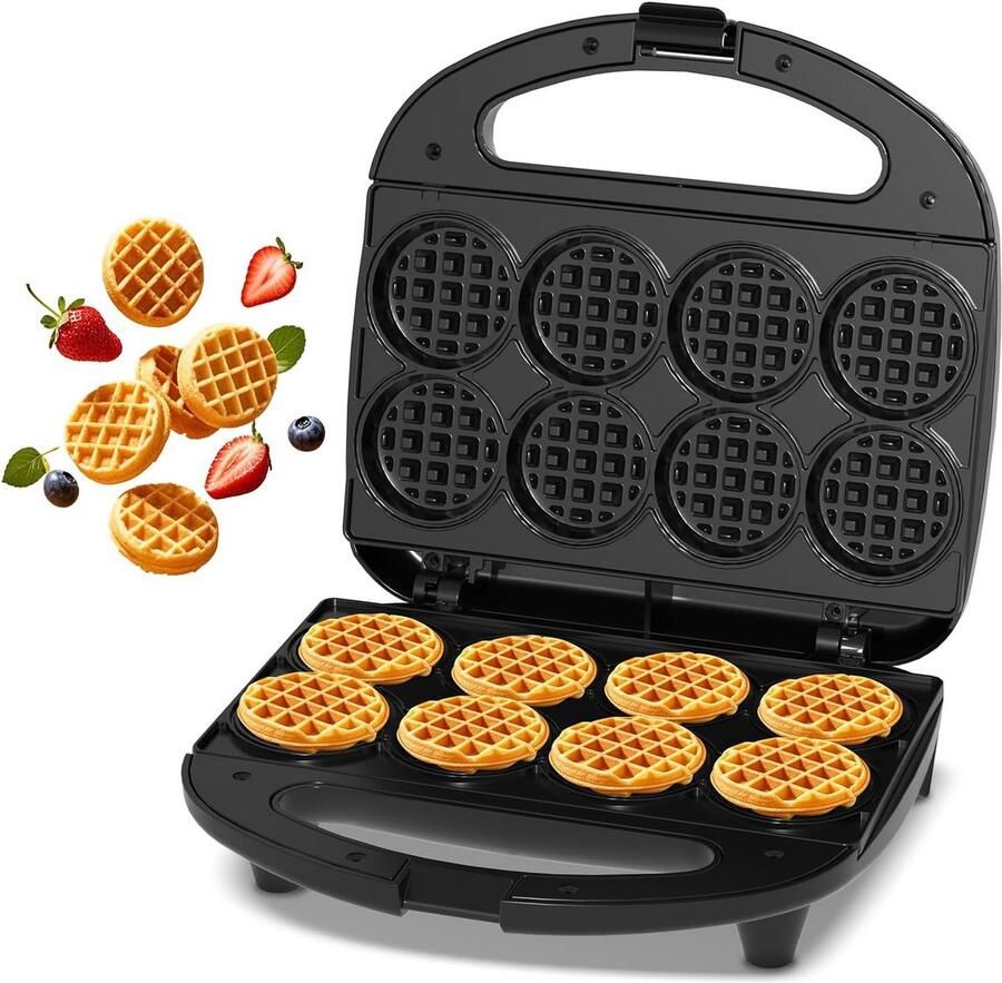 Mini Wafelijzer met Antiaanbaklaag Bakt 8 Wafels van 5 cm Compact Ontwerp Ideaal voor Ontbijt en Feestjes