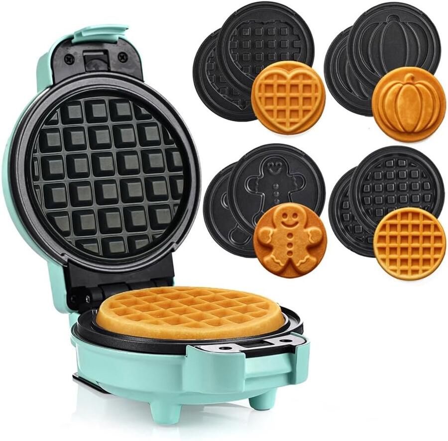 Lehmann Mini-wafelijzer met wisselplaten wafelvormen pompoen peperkoek hart en klassiek mini waffle maker met antiaanbaklaag ideaal voor kinderverjaardagen en familiefeesten mintgroen