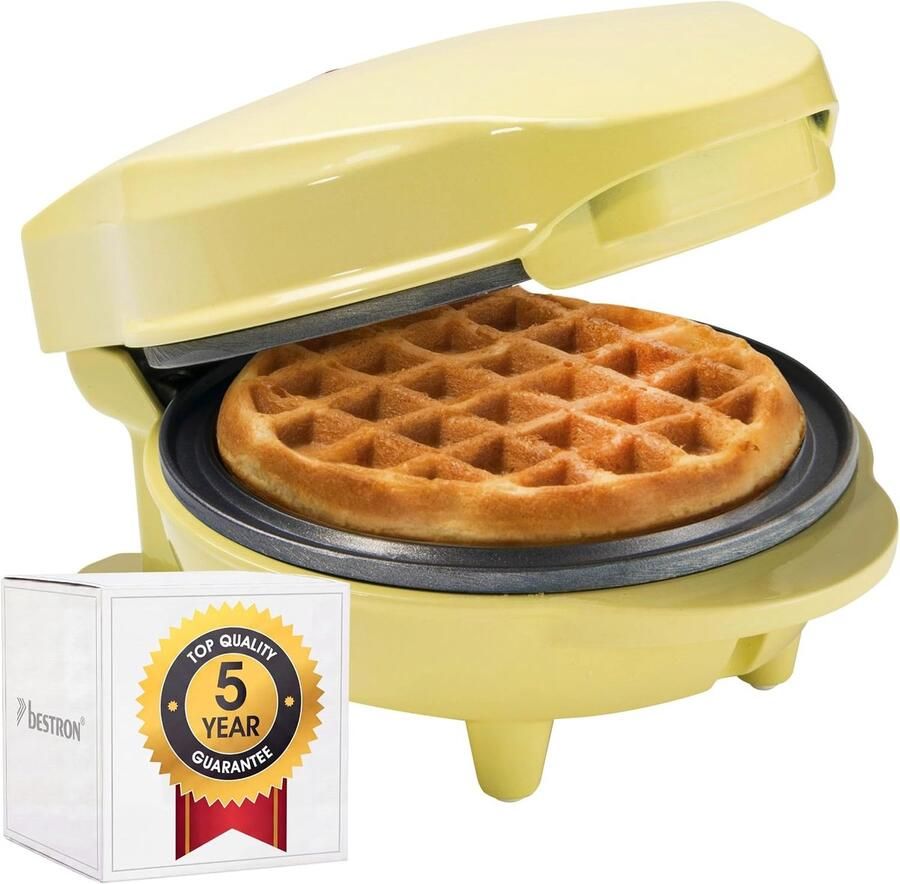 Mini-wafelijzer voor klassieke wafels wafelijzer met antiaanbaklaag voor kinderfeestjes Familiefeest Pasen of Kerst retro design 550 Watt geel