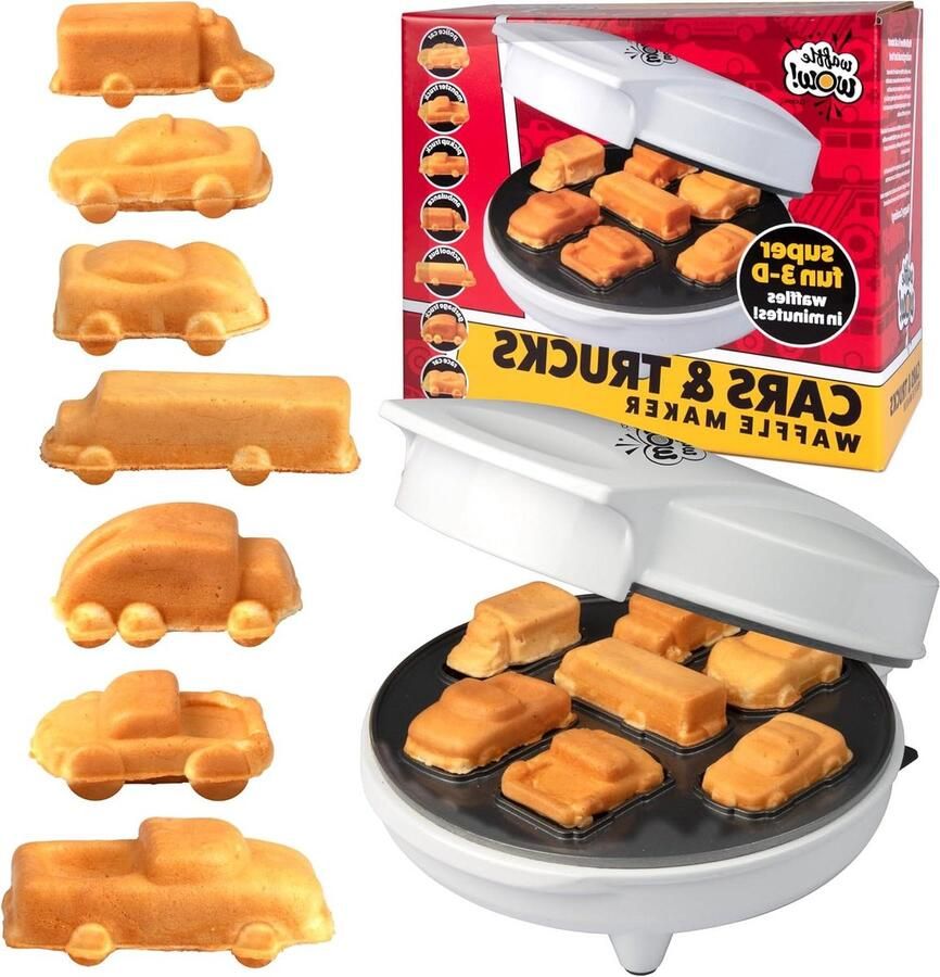 Mini Wafelijzer Vormpjes Wafels Kinderontbijt Maken 7 Voertuig Vormen Compact Ontwerp Wit
