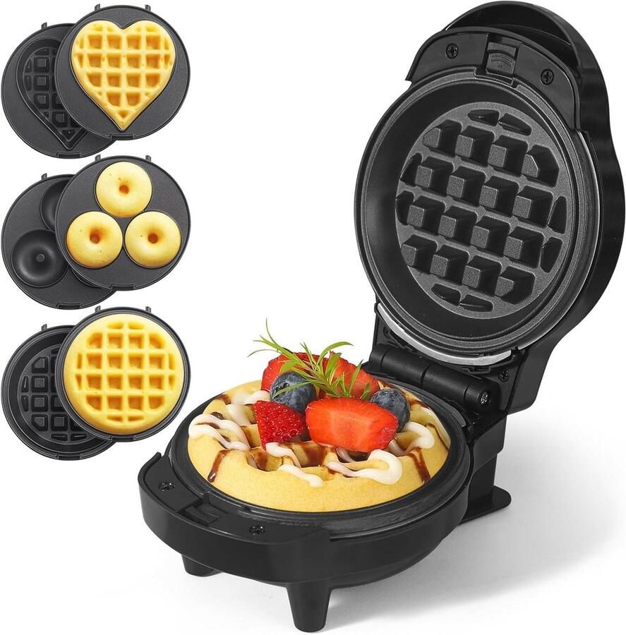 Mini Wafelmaker Wafelijzer Hartjes Donut Snelle Snacks Maken 6 Verwisselbare Platen 114 cm Zwart