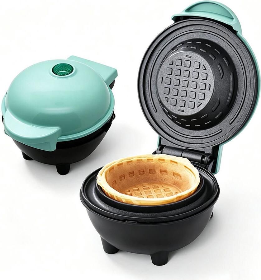 Mini Waffle Bowl Maker (groen) kleine wafelbekermaker voor het maken van ijscoupes burrito-kommen en desserts 350 W snel verwarmende wafelijzer met antiaanbaklaag klein en draagbaar geschikt voor kinderen gezinnen en ontbijt