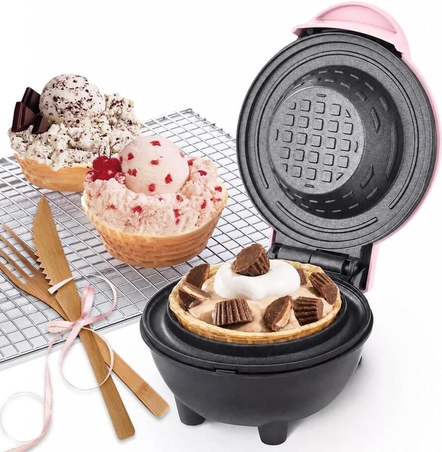 Mini Waffle Bowl Maker Pastel Roze Snelle Verhitting Compacte Ontwerp Voor Kinderen en Gezinnen