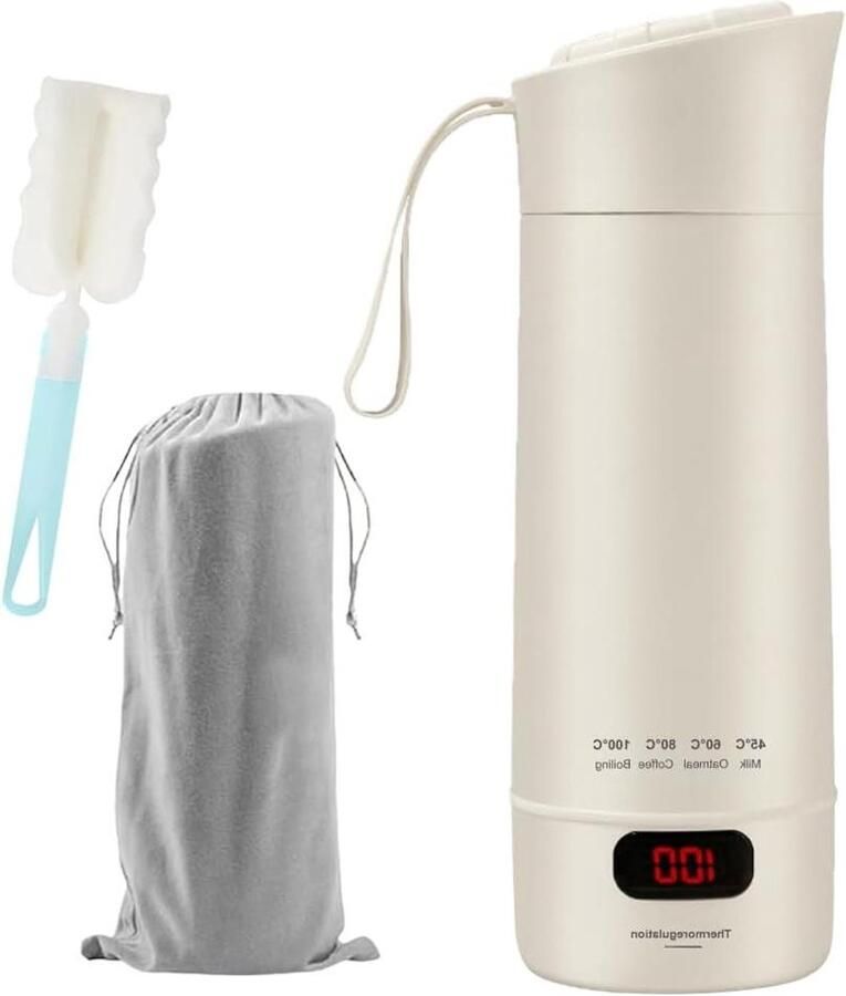 Draagbare Elektrische Waterkoker Mini Waterkoker Thermos Babyvoeding Melk 5-in-1 Functie 400 ml Beige