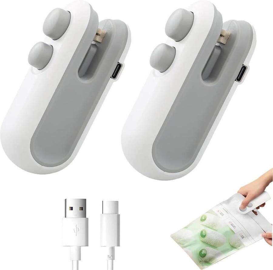 Mini zak sealer 2 pack sealer 2 in 1 mini zak sealer draagbare herlaadbare thermovacuum voedsel sealer voor plastic zakken snacks en voedsel opslag (2 wit)