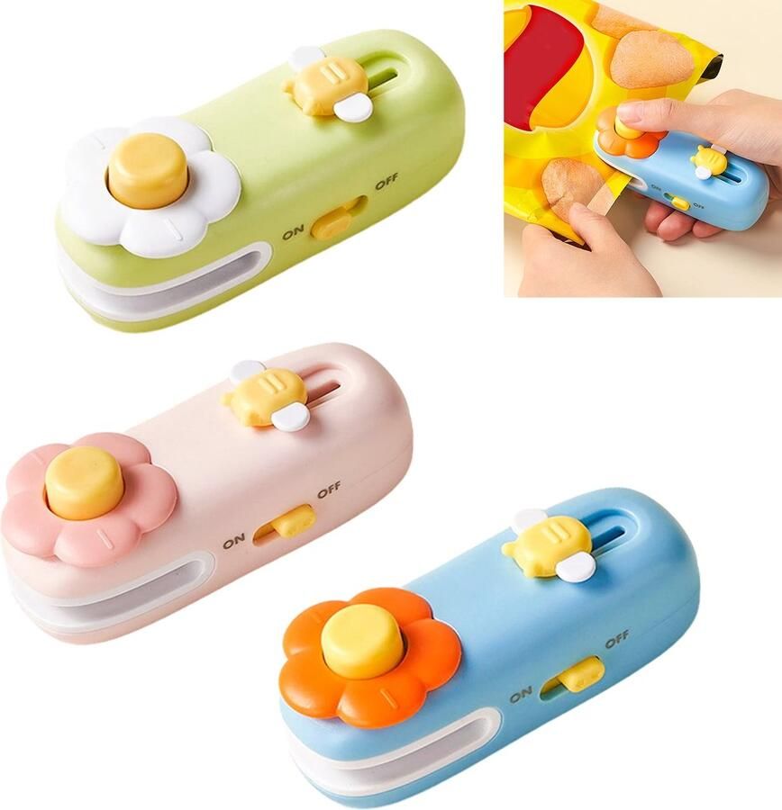 Mini Zakken sealer Set van 3 2-in-1 Heat Sealer & Snijder Handheld Plastic Zakken Sluiter Met Magneet Chipszak Hersluiter 10 cm Groen Roze & Blauw