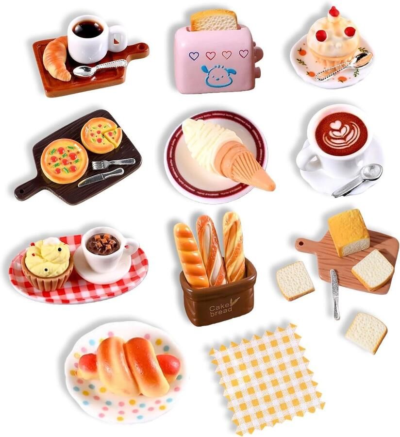 Miniatuur gnome accessoires voor poppenhuizen 36-delige set met voedsel drank en decoratieve items zoals taart brood pizza en fruit voor creatieve DIY projecten
