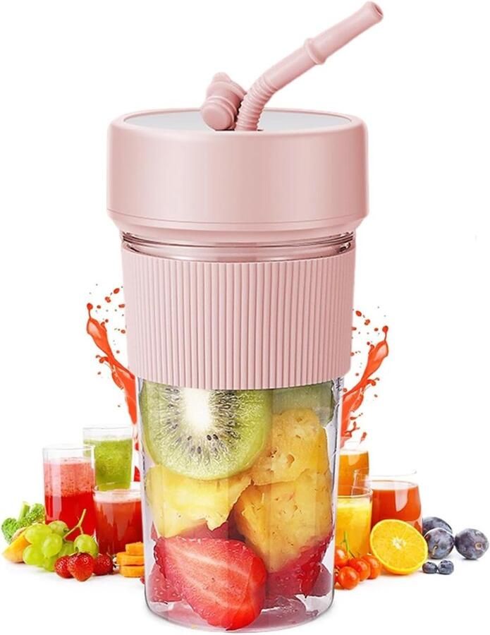 Miniblender – 350 ml Draagbare Persoonlijke Reisblender – 8 x 8 x 17 4 cm – Ideaal voor smoothies & milkshakes – Inclusief rietje – Smoothiemaker – Ontwerp met 6 messen – Geschikt voor thuis in de keuken & op reis – Roze