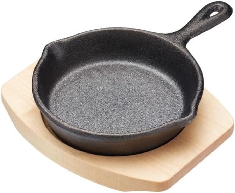 Minikoekenpan met esdoornhouten serveerplank gietijzeren pan met handvat 16 x 11 5 x 2 5 cm bord 13 5 x 10 5 x 1 5 cm 1 set