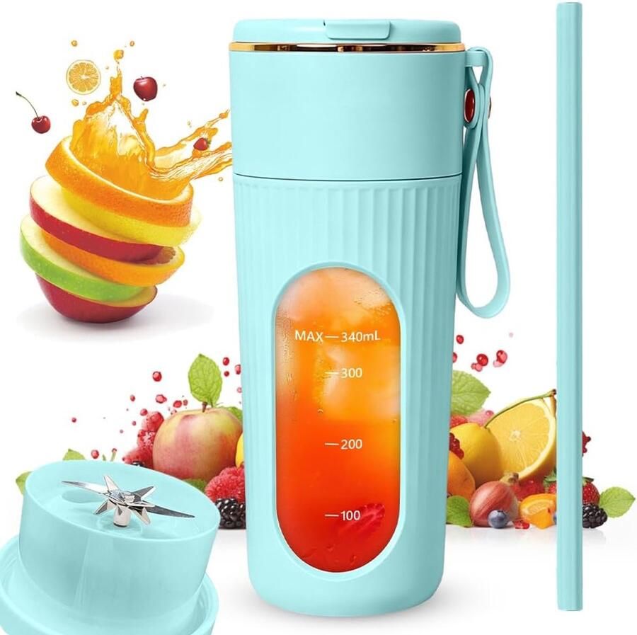 Mixer 340 ml persoonlijke smoothiemaker met lcd-display en 14 messen Fresh Juice Mixer fles met drinkopening USB-oplaadbaar mini-mixer voor reizen kantoor thuis (blauw)