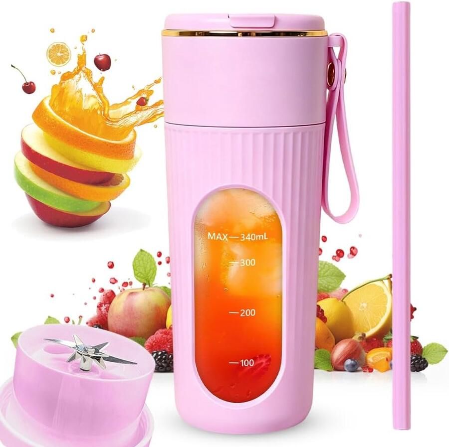 Mixer 340 ml persoonlijke smoothiemaker met lcd-display en 14 messen Fresh Juice Mixer fles met drinkopening USB-oplaadbaar mini-mixer voor reizen kantoor thuis (roze)