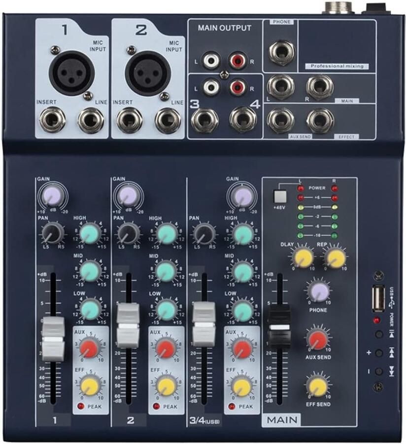Mixer 4-kanaals 2-busmixer met USB-ingang 48V fantoomvoeding voor opname DJ podium karaoke muziektoepassing