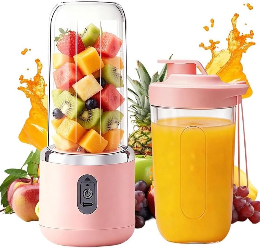 Mixer 400 ml draagbare blender met 6 messen mini-smoothie blender met 2 bekers USB-oplaadbaar mini-mixer voor smoothies milkshakes vruchtensap keuken reizen (roze)
