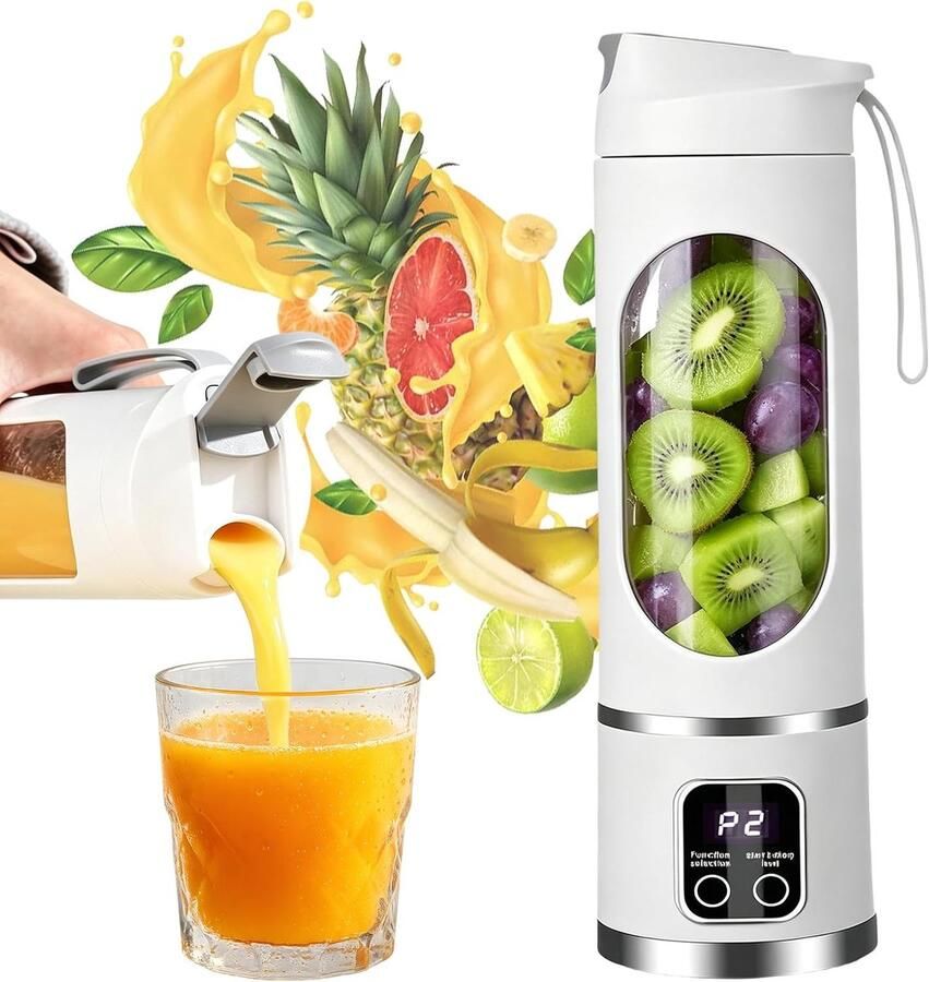 Mixer 450 ml oplaadbare mini-blender met led-display en 12 messen compacte smoothie maker voor shakes sport reizen en outdoorgebruik onderweg (wit)