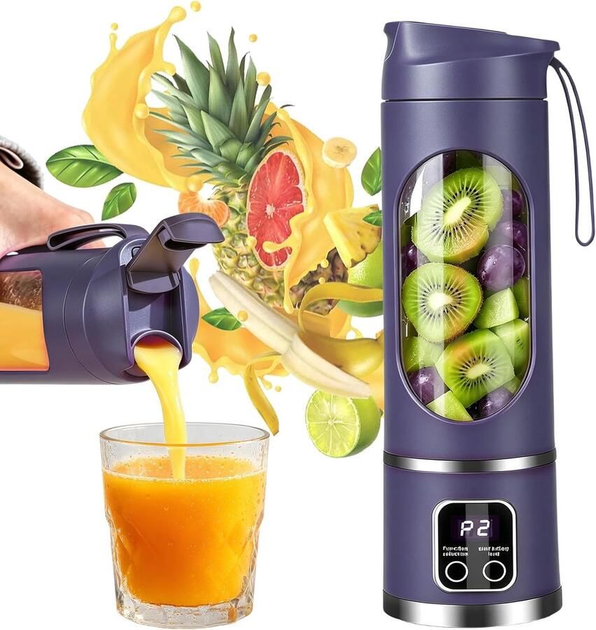 Mixer 450 ml oplaadbare mini-blender met led-display en 12 messen compacte smoothie maker voor shakes sport reizen en outdoorgebruik onderweg (paars)