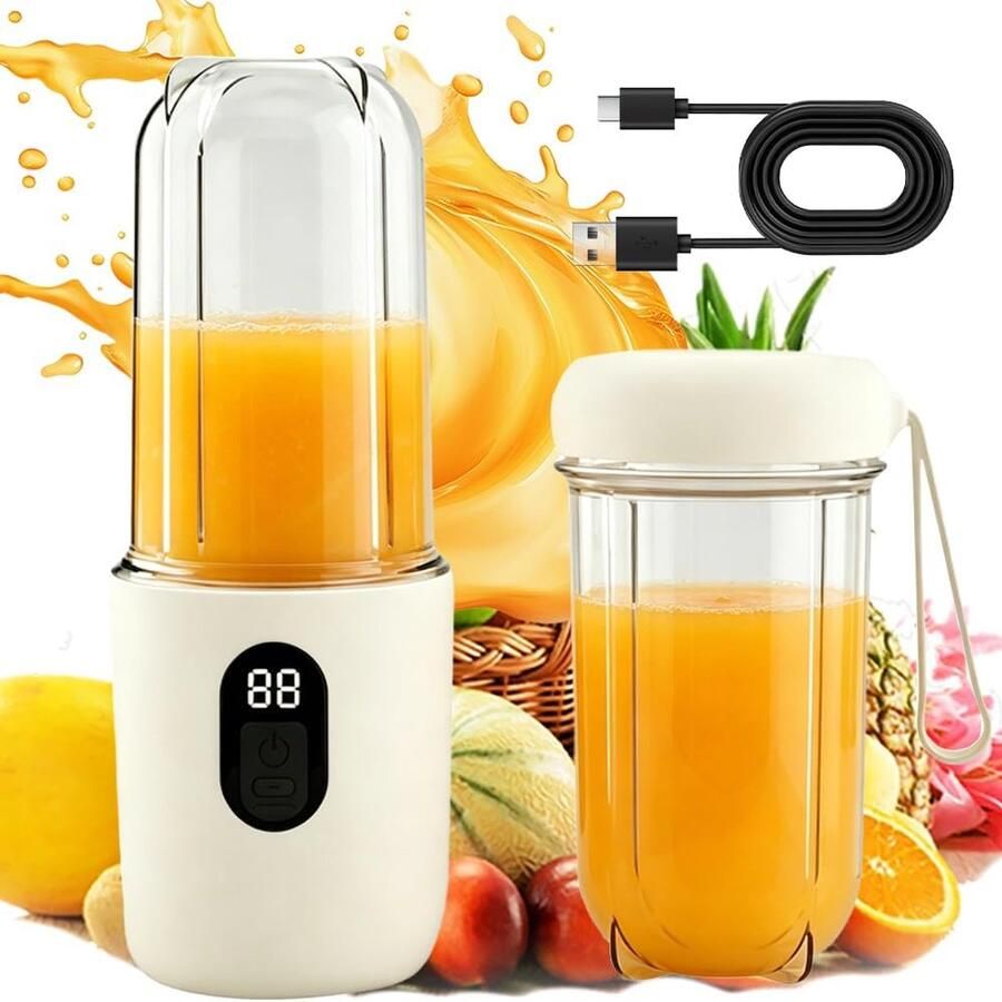 Mixer 500 ml blender smoothie maker to go met reservebeker USB oplaadbare draagbare blender staande mixer klein met 16 messen mini-staande mixer voor milkshakes sappen smoothies (wit)