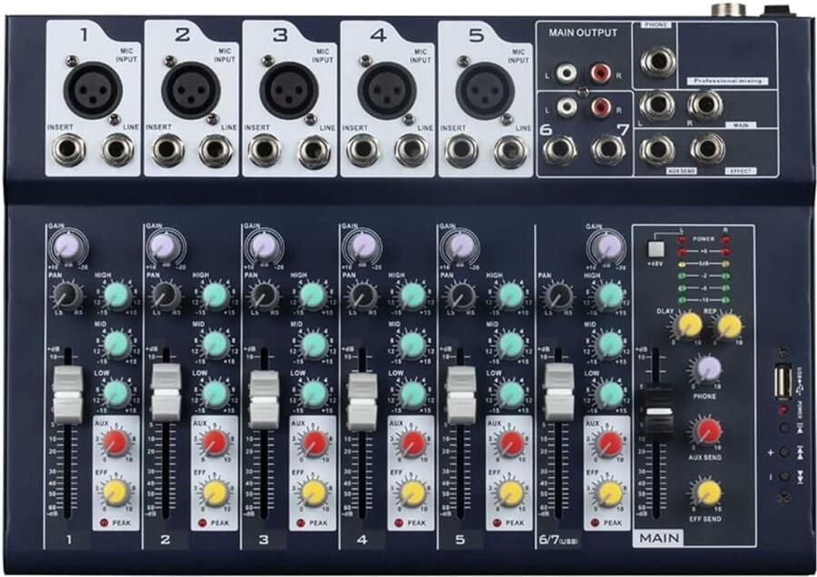 Mixer 7-kanaals 2-Bus Mixer w USB Audio Interface Stereo voor opname DJ Stage Karaoke Muziek Toepassing