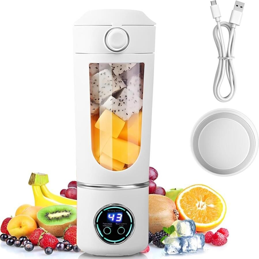 Mixer 700 ml blender smoothie mini-blender met 12 roestvrijstalen messen en digitaal display oplaadbare shakes en smoothie-maker kleiner voor reizen keuken kantoor fitness (wit)