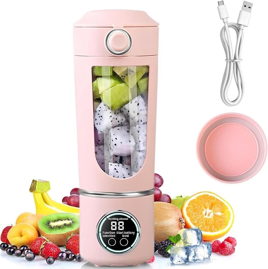 Mixer 700 ml blender smoothie mini-blender met 12 roestvrijstalen messen en digitaal display oplaadbare shakes en smoothie-maker kleiner voor reizen keuken kantoor fitness (roze)