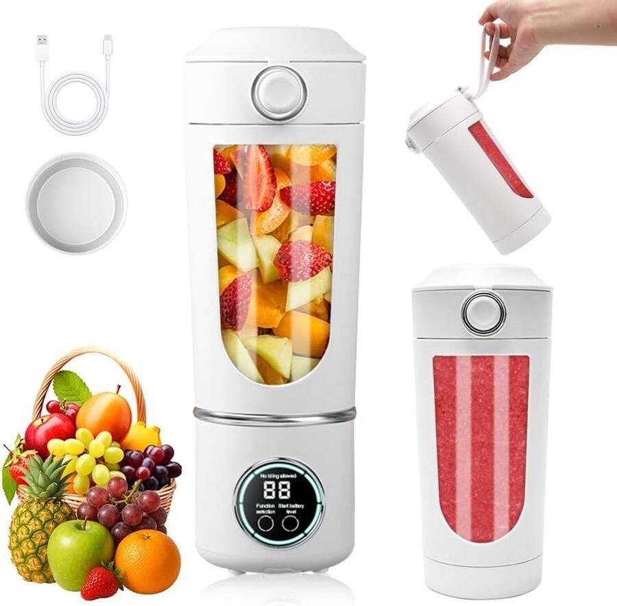 Mixer 700 ml kleine smoothiemixer mini-blender met 12 roestvrijstalen messen en digitaal display oplaadbare mini-blender voor babyvoeding milkshake sap smoothie (wit)