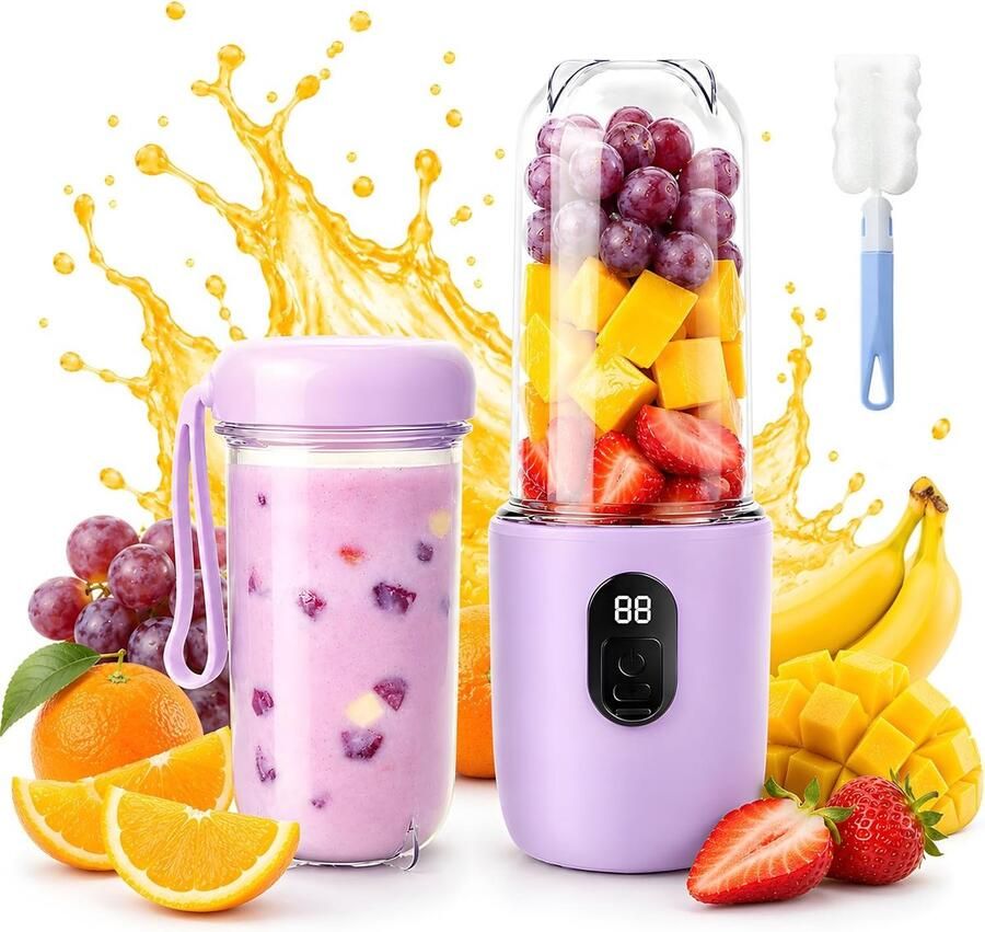 Mixer Draagbare Mini Mixer met Digitaal Display Oplaadbare Smoothie Maker met Reinigingsborstel Draagbare Elektrische Mixer voor Vruchtensappen Smoothies Paars