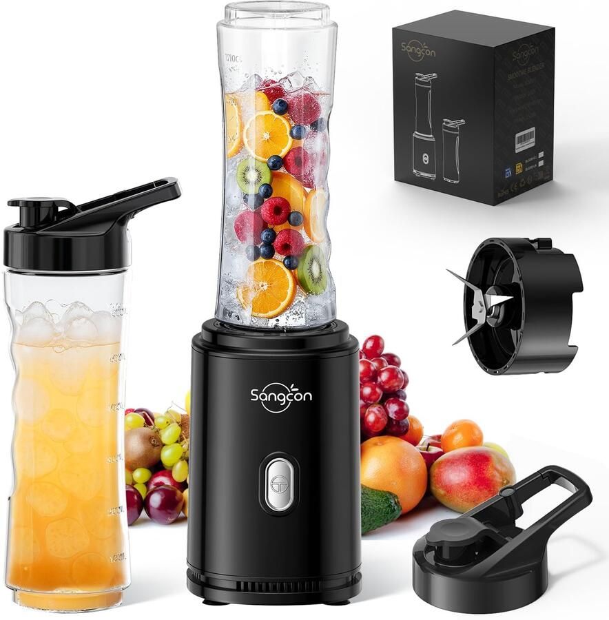 Mixer Smoothie Maker elektrische draagbare sportblender voor shakes en smoothies met 2 BPA-vrije 600 ml Tritan To Go-fles + 2 drinksluitingen 4 messen pulse-knop zwart