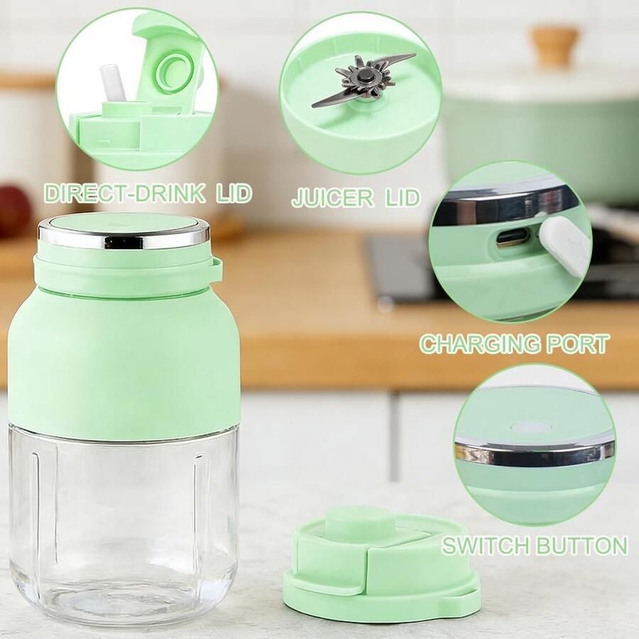 Mixer smoothiemaker mixer to go 1200 ml oplaadbare blender fles met 38 messen beker met lekvrij deksel voor milkshake sap (lichtgroen)