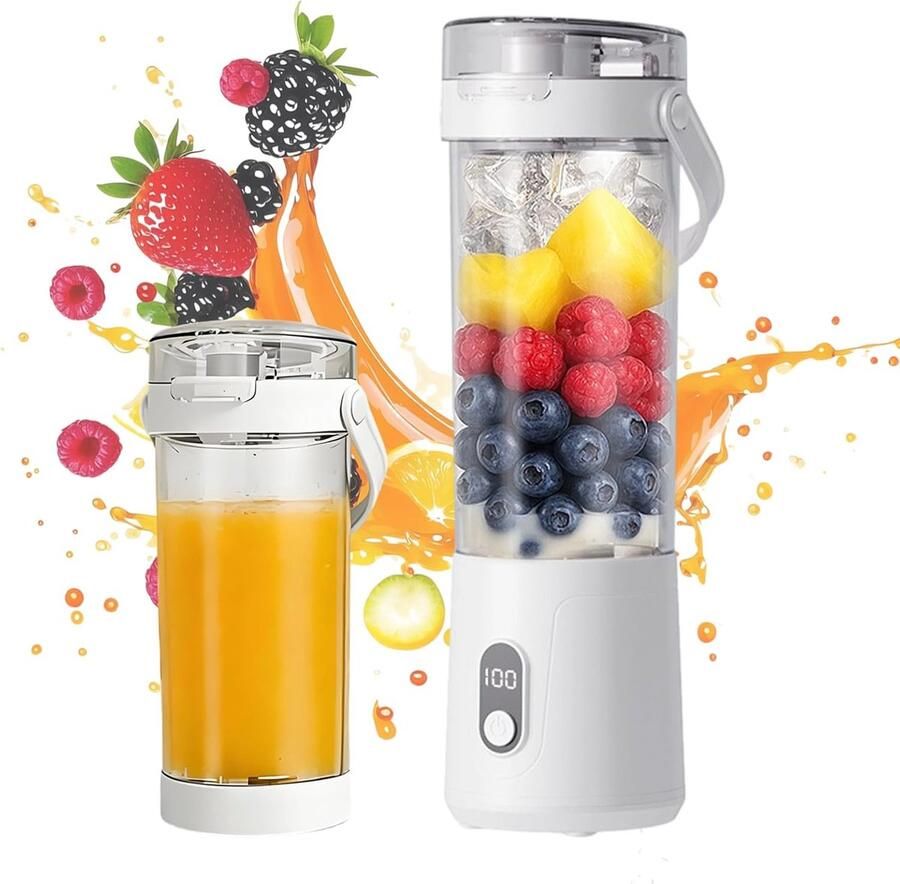 Mixer to go & smoothie maker 600 ml mini-blender met 12 messen BPA-vrije beker met lekvrij deksel en drinkopening Type-C blender 22000 omw min kleine mixer voor shakes (digitaal wit)