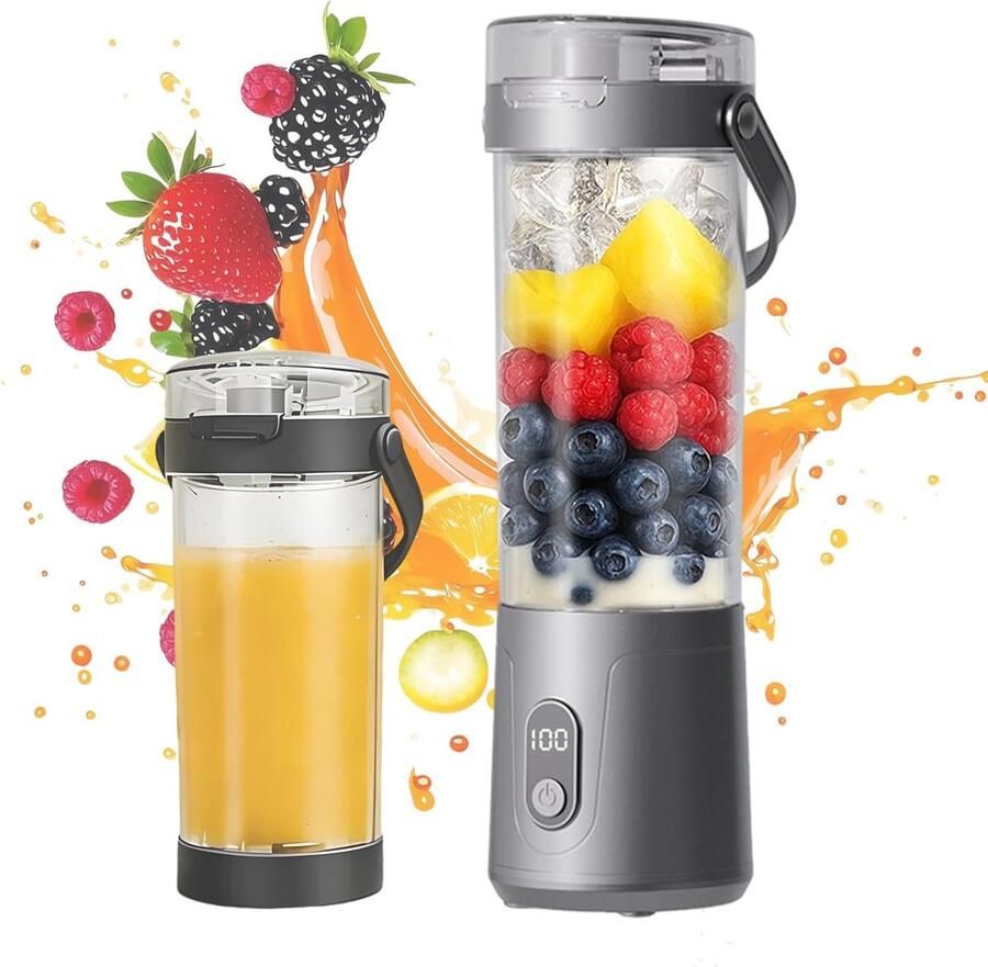 Mixer to go & smoothie maker 600 ml mini-blender met 12 messen BPA-vrije beker met lekvrij deksel en drinkopening Type-C blender 22000 omw min kleine mixer voor shakes (digitaal grijs)