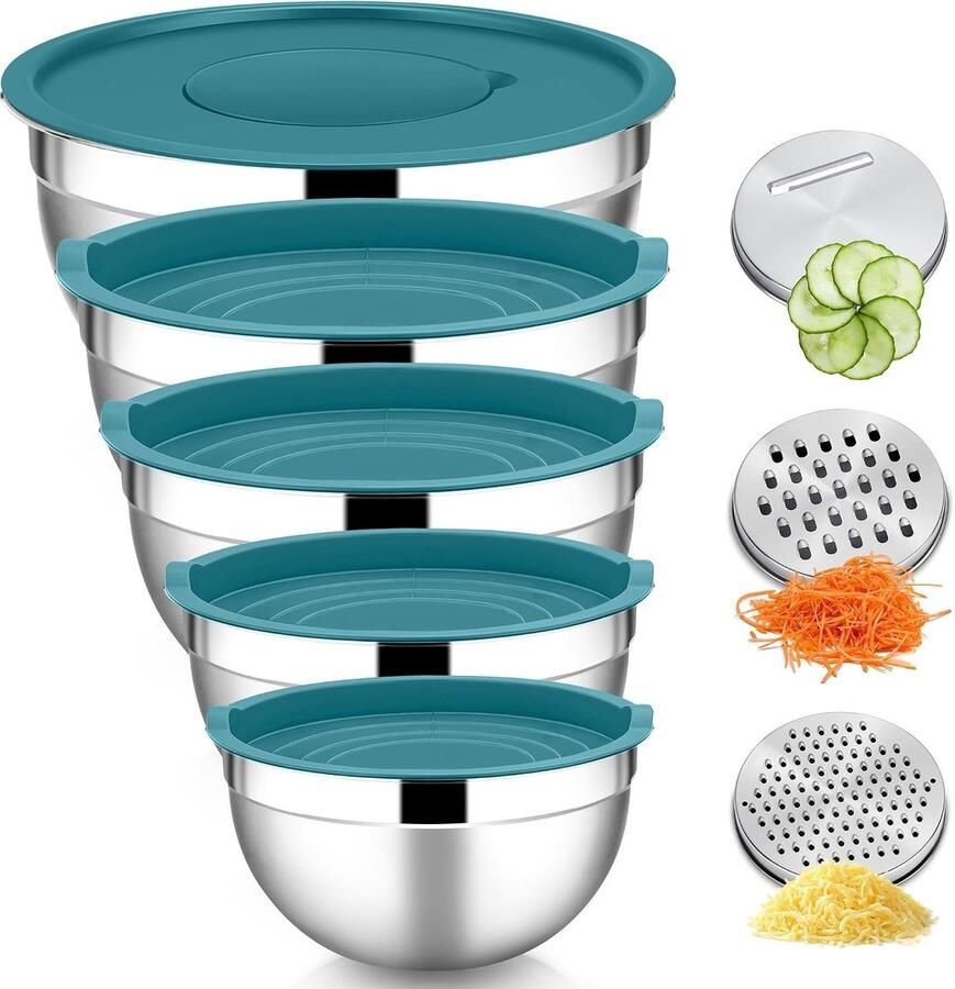Mixkom Set van 5 Stukken met 3 Raspaccessoires Ideaal voor Keuken Bakken en Koken
