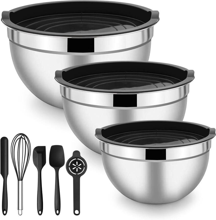 Mixkommen Set van RVS 3 Stuks met Luchtdichte Deksel + 5 Bakaccessoires Ideaal voor Koken Bakken en Opslaan Stapelbaar 1.2L 2.7L 4.5L Zwart 8 Stuks