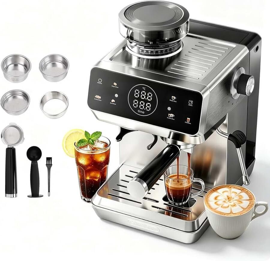 MK-903 Professionele espressomachine met 20 bar met geïntegreerd maalwerk warm- koudzetfunctie voor latte macchiato en cappuccino 1 8 liter waterreservoir en 1500 watt zetvermogen
