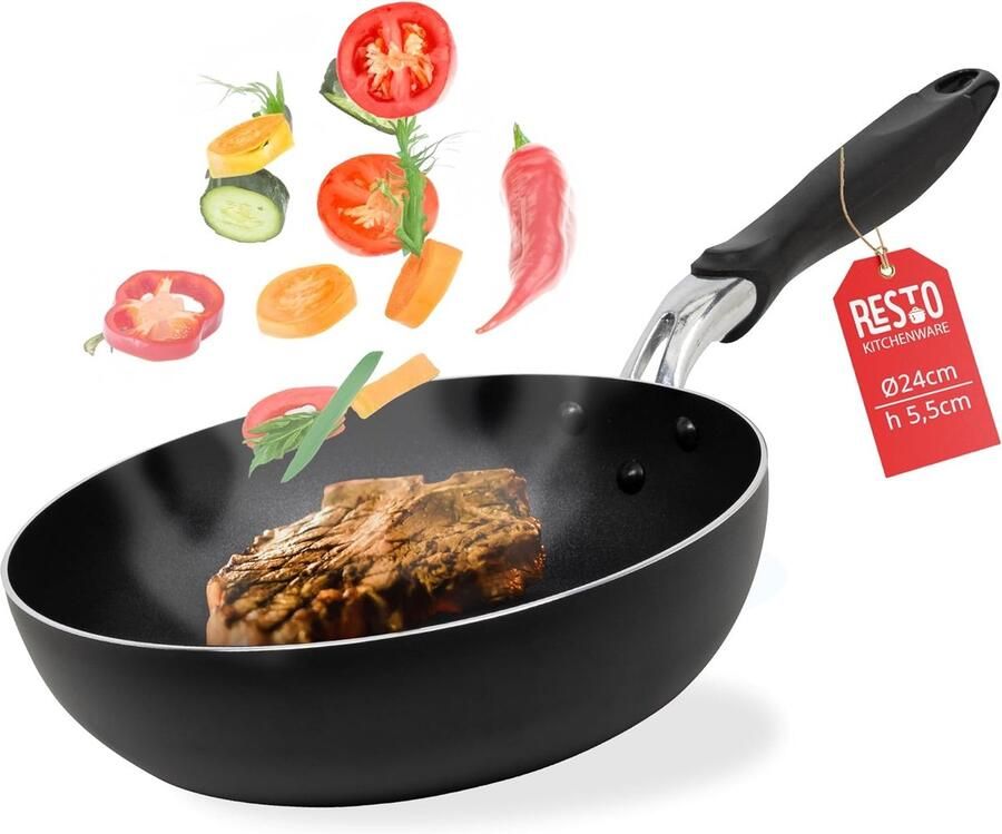 Moderne wokpan Braadpan hoge rand Aziatisch koken Anti-aanbaklaag ergonomisch 24 cm diameter