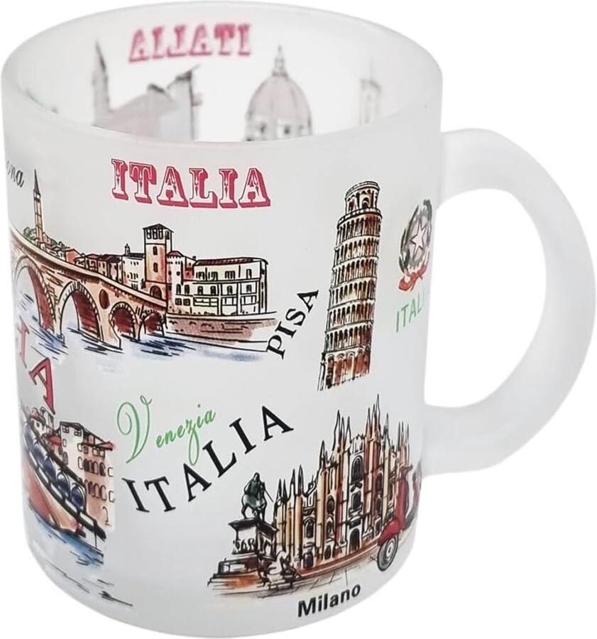 Mok van gesatineerd glas artistiek design Italiaanse hoofdsteden en Italiaanse monumenten Milaan Rome Venetië Verona Pisa voor het ontbijt Snacks 36 cl