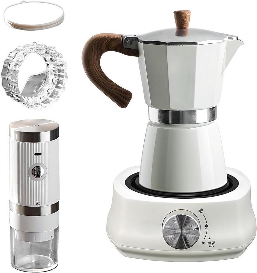 Moka Koffiepot Espresso Maker Percolator Koffie Zetten Inclusief Elektrische Kookplaat 300 ml Wit