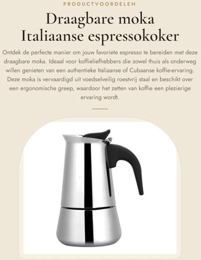 Moka Koffiezetapparaat Draagbaar Roestvrij Staal Ergonomische Greep Inhoud 100 200 300 450 ml Brede Bodem