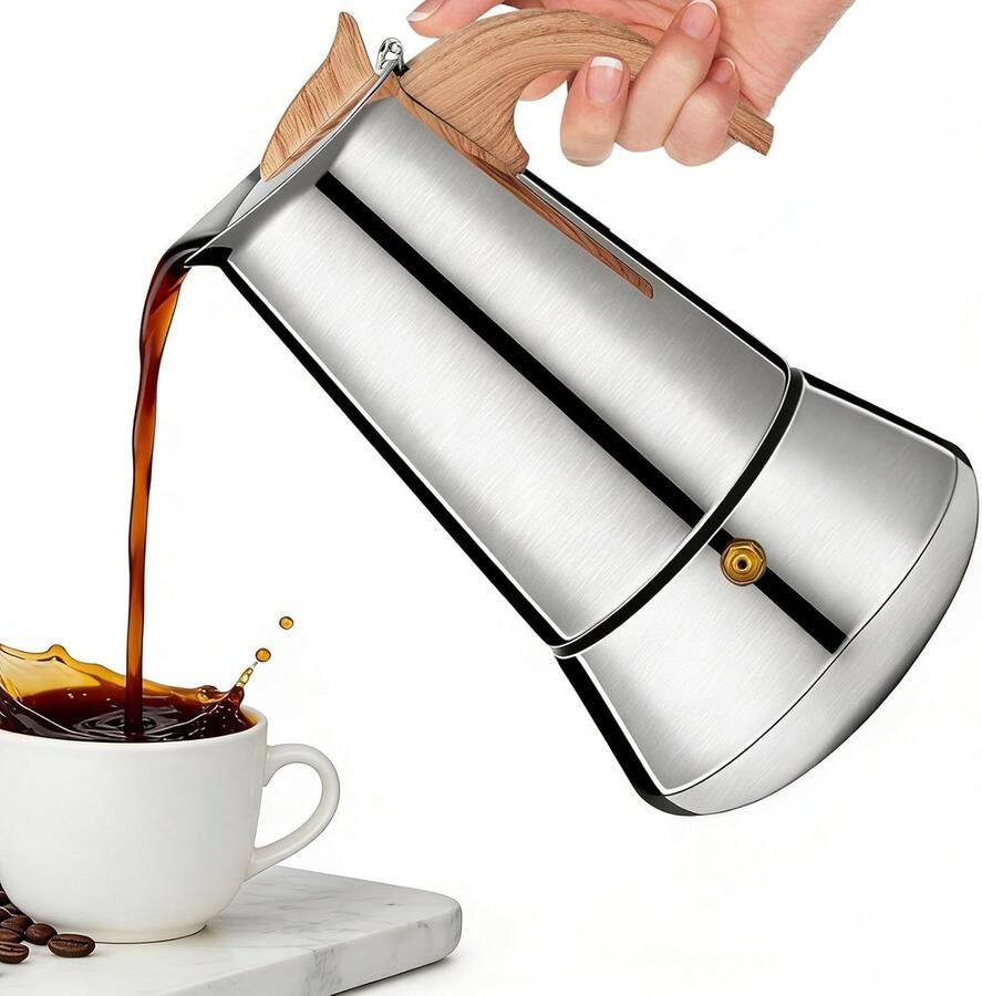 Moka Roestvrijstalen Zilver 300 ml 6 kopjes koffiezetapparaat van roestvrij staal met houten handvat compatibel met gas- vitrokeramische en campingoven