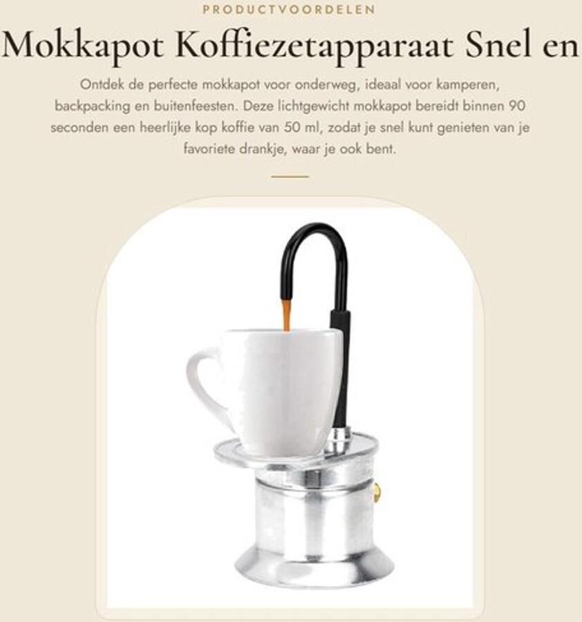 Mokkapot Aluminium Koffiezetapparaat 1 Kop 50 Ml Lichtgewicht Draagbaar Geschikt voor Kookplaat Snel Koffiezetten in 90 Seconden