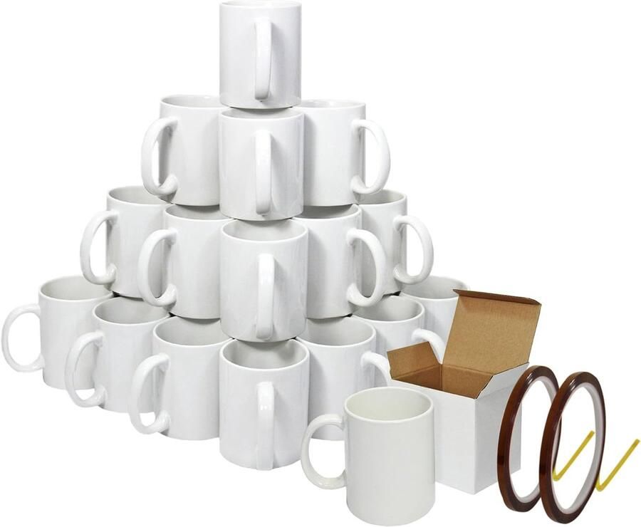 Mokken 72st 11oz Wit Keramiek met Handvat AAA Klasse Geschenkdozen en 22m x 0 5cm Hittebestendige Tape Magnetron- en Vaatwasmachinebestendig voor Thee Koffie