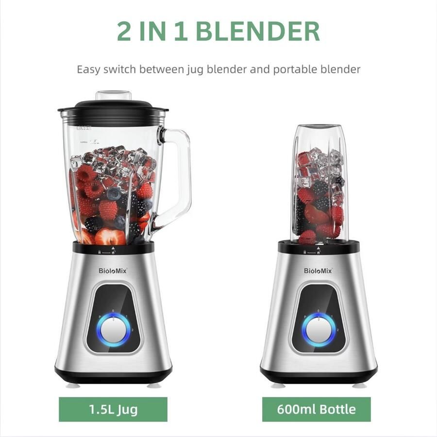 Molain 2in1 Smoothie Blender Glazen kan To go 1 5L 1300W 600ml beker 6 en 4-messig snijsysteem Zelfreinigingsfunctie