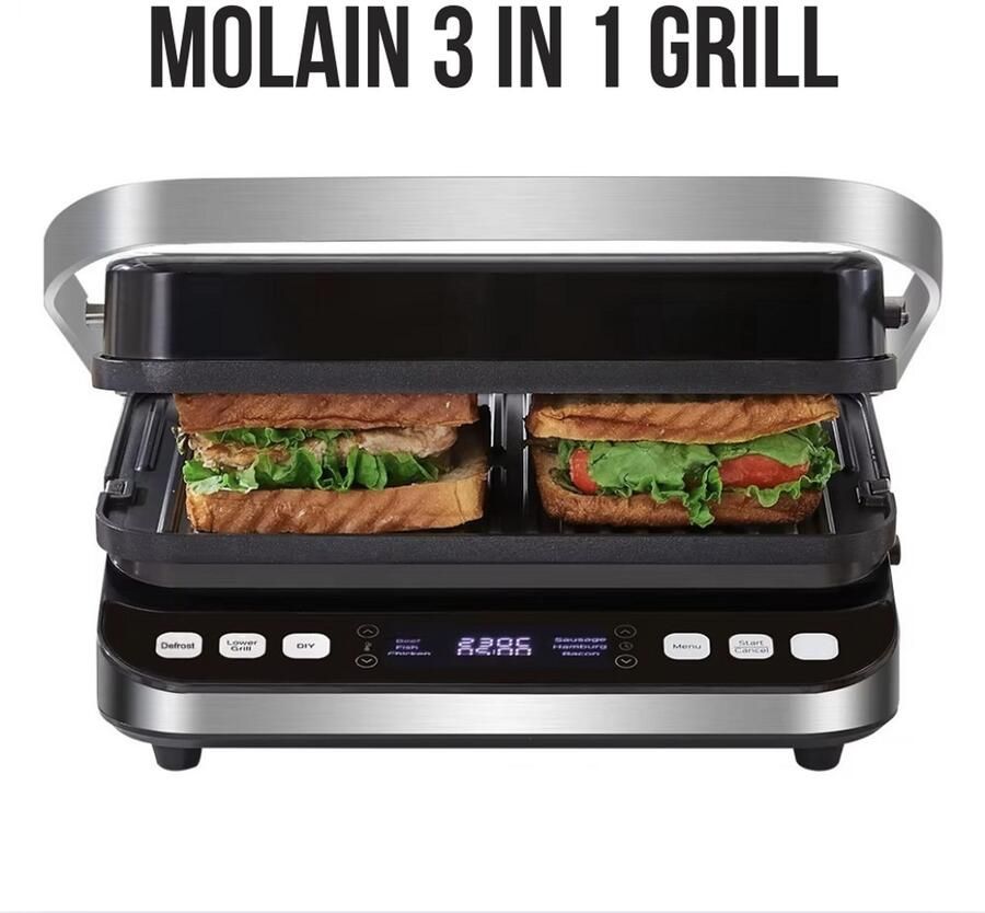 Molain 3in1 Tosti Apparaat Wafel Ijzer & Grill 2000W Verwisselbare plaat 6 programma's Panini & Croque Monsieur toestel
