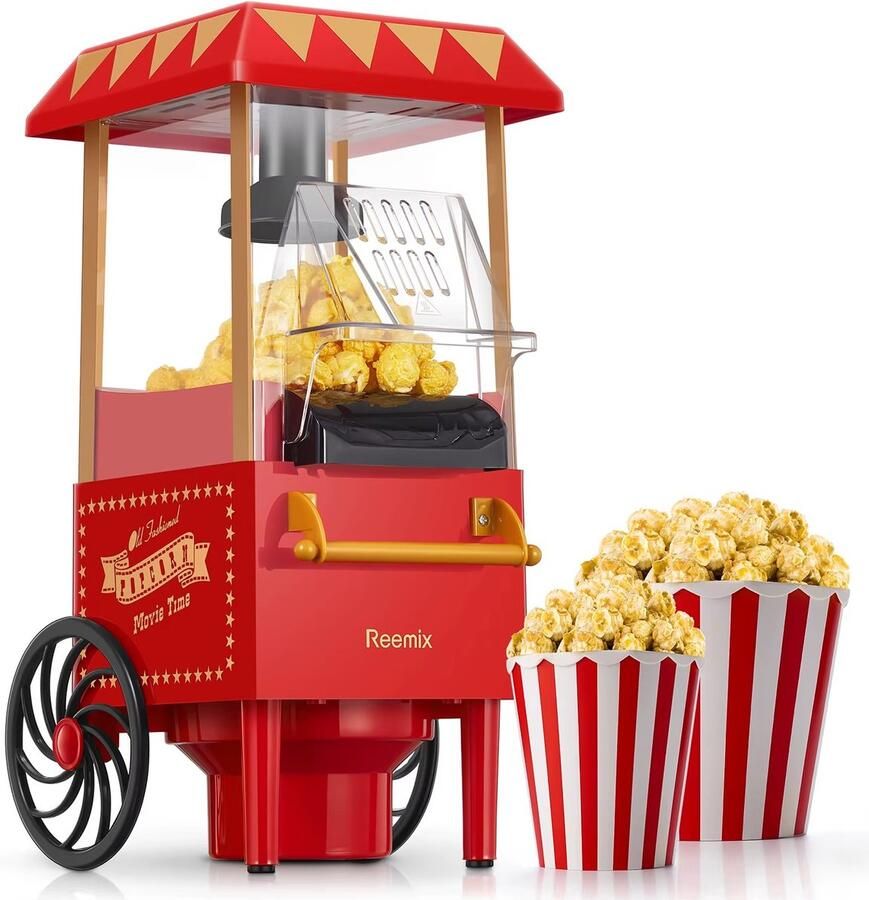 Molain Retro Popcorn Machine Popcornmaker in 3 minuten popcorn Vet en olievrij 10 persoons 1200W