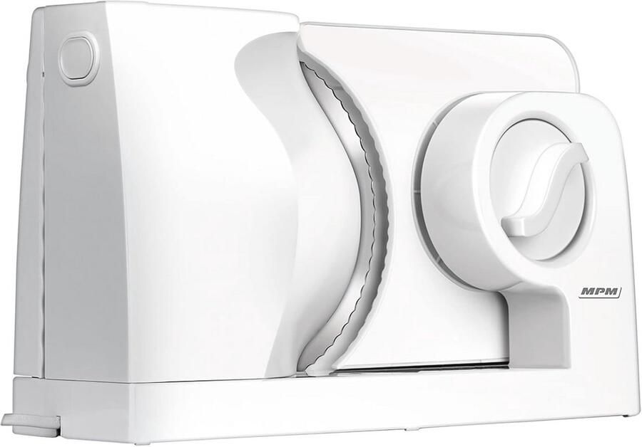 MPM MKR-05 Elektrische allessnijder broodsnijmachine instelbare snijdikte tot 15 mm vingerbescherming roestvrijstalen snijschijf 17 cm 150 W wit